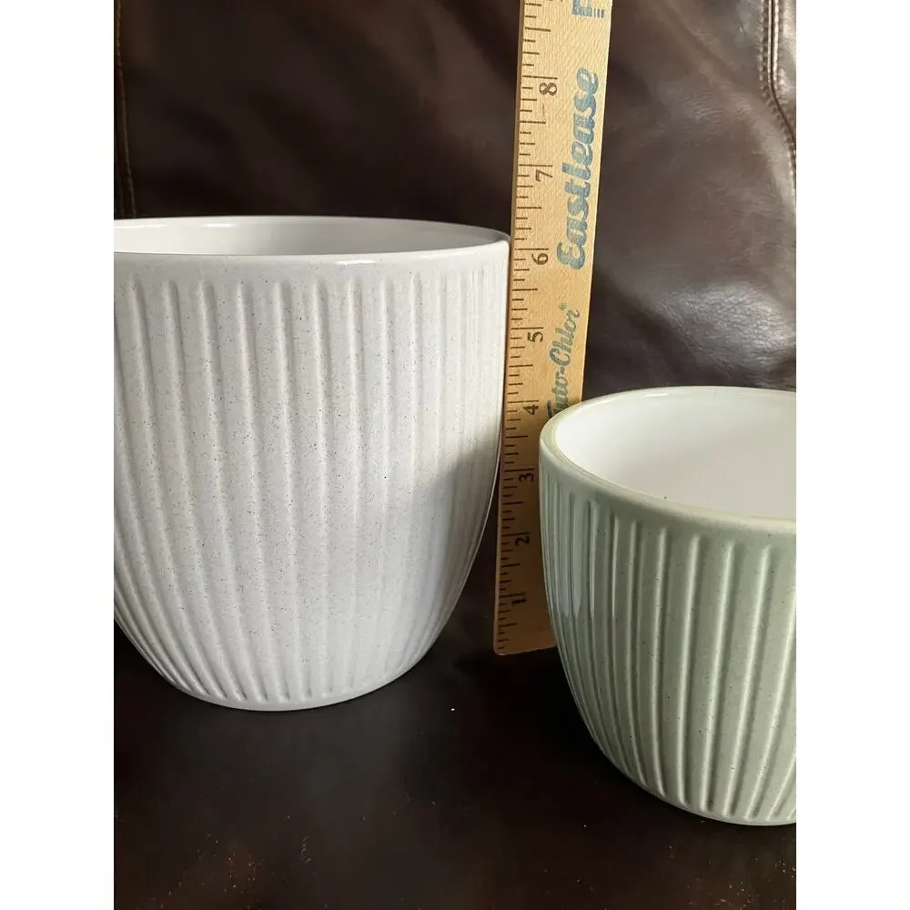 Made in Germany Ceramic Planters Set of 2 Ribbed White Green Pottery Pots